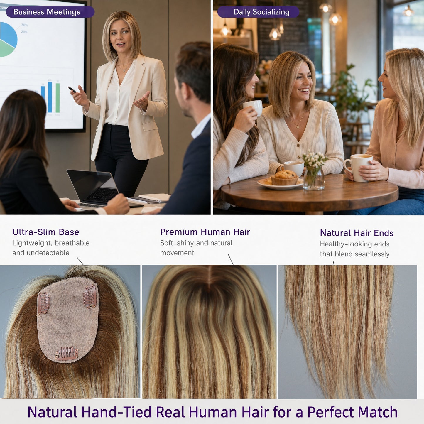 Real Human Hair Topper for Women Silk Base Clip In Hairpiece for Thinning Hair
