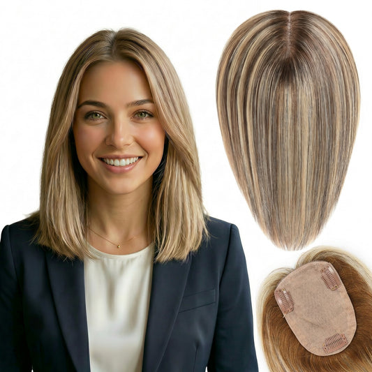 Real Human Hair Topper for Women Silk Base Clip In Hairpiece for Thinning Hair