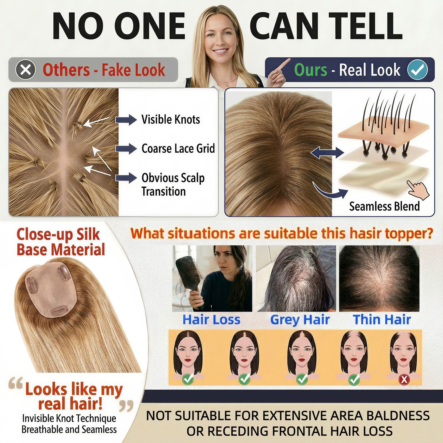 Real Human Hair Topper for Women Silk Base Clip In Hairpiece for Thinning Hair