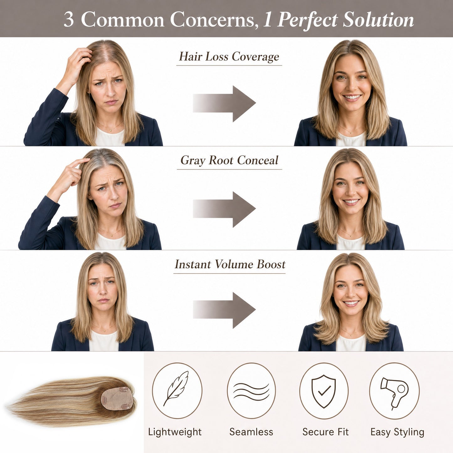 Real Human Hair Topper for Women Silk Base Clip In Hairpiece for Thinning Hair