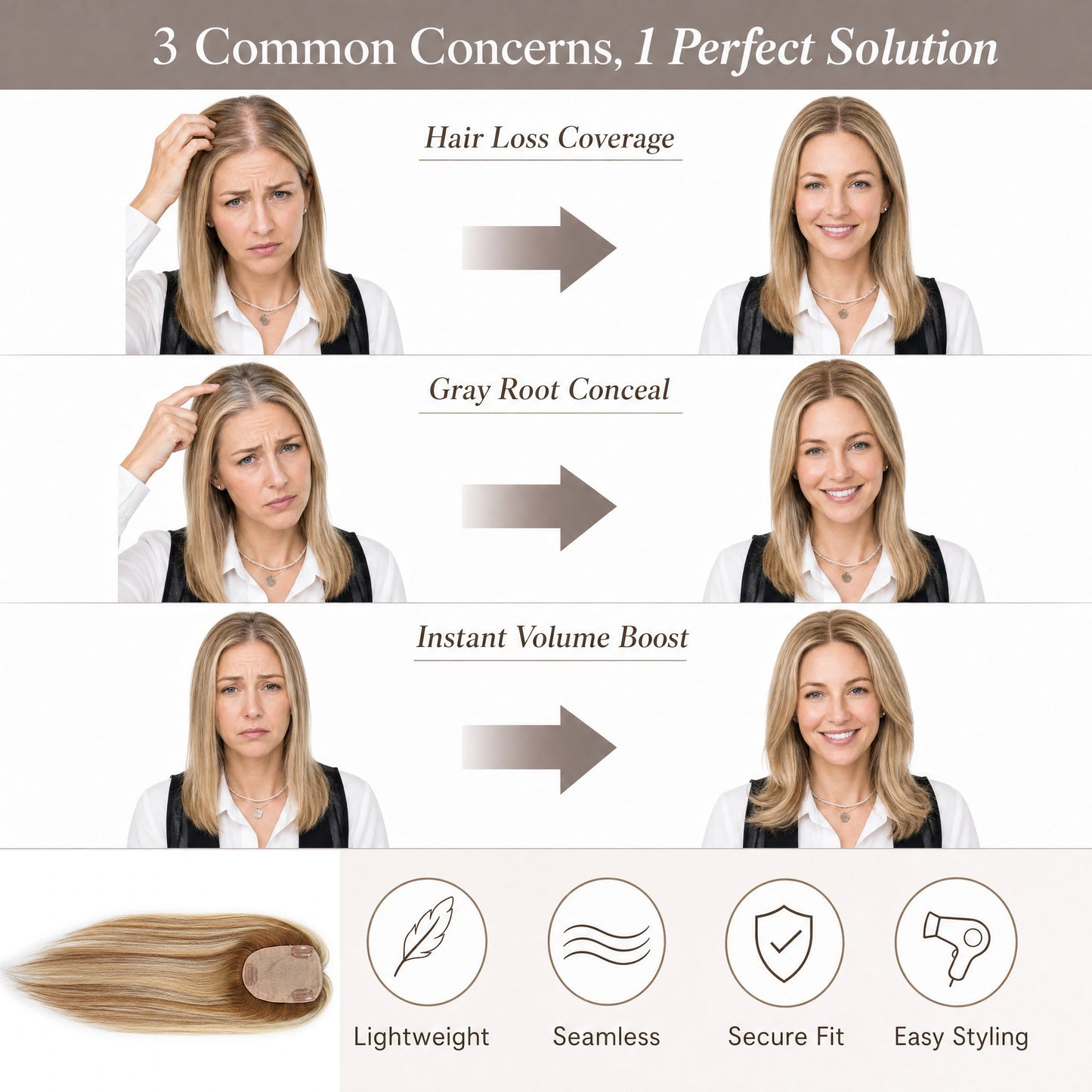 Real Human Hair Topper for Women Silk Base Clip In Hairpiece for Thinning Hair
