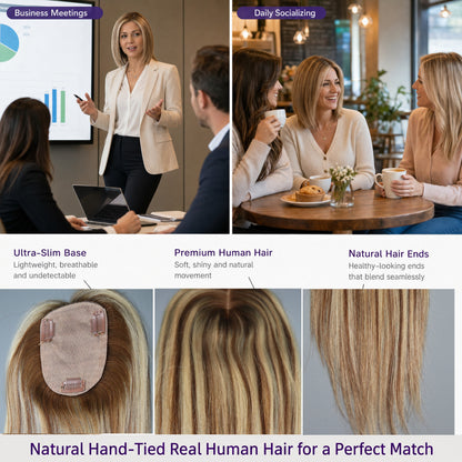 Real Human Hair Topper for Women Silk Base Clip In Hairpiece for Thinning Hair