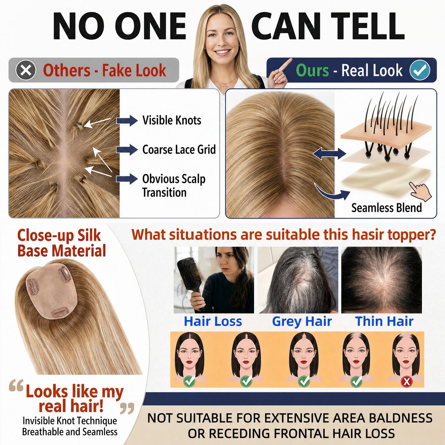 Real Human Hair Topper for Women Silk Base Clip In Hairpiece for Thinning Hair